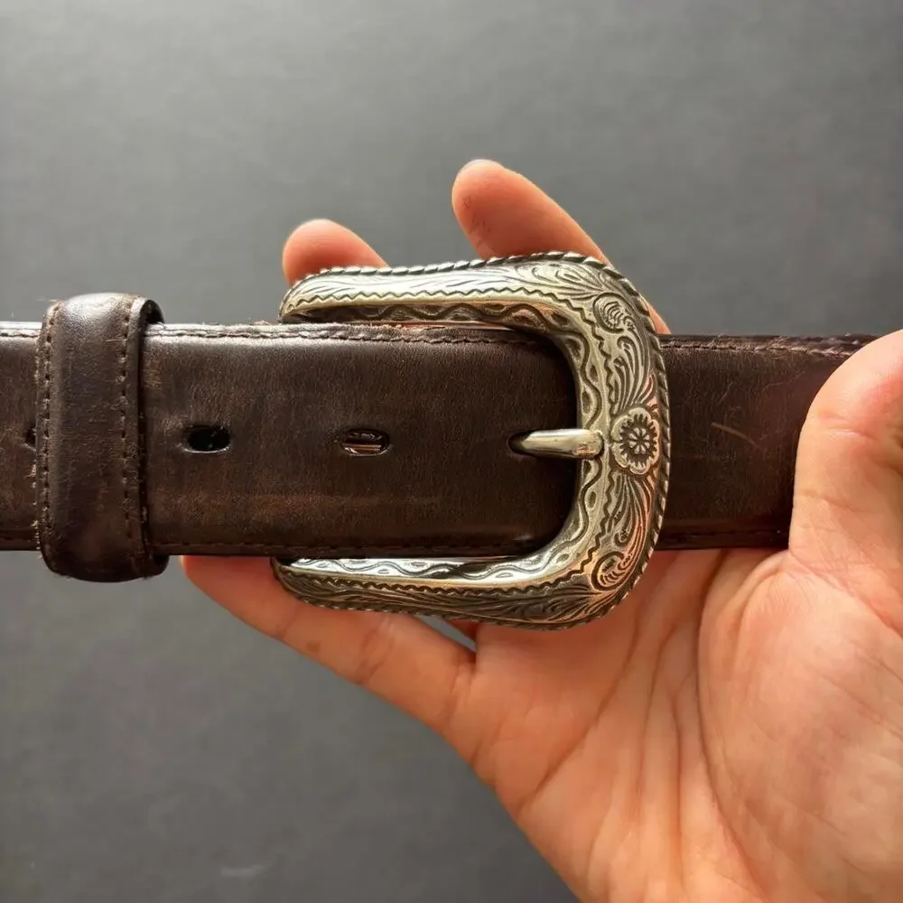 Brown genuine leather belt with silver buckle - size 38 Mens sizing